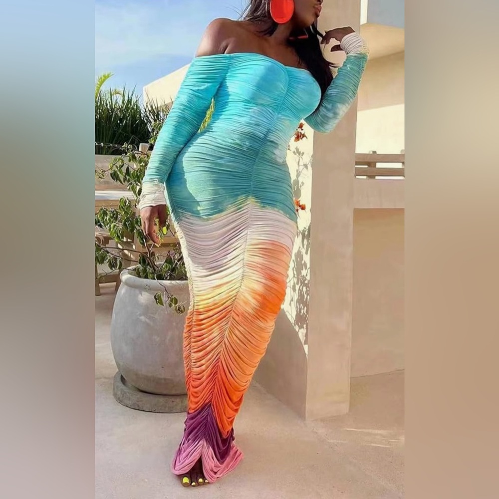 NEW! Sexy Off The Shoulder Long Sleeve Ruched Maxi Dress Gradient Dresses